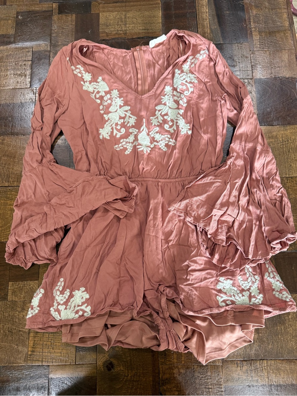 Embroidered Mauve Romper with Bell Sleeves